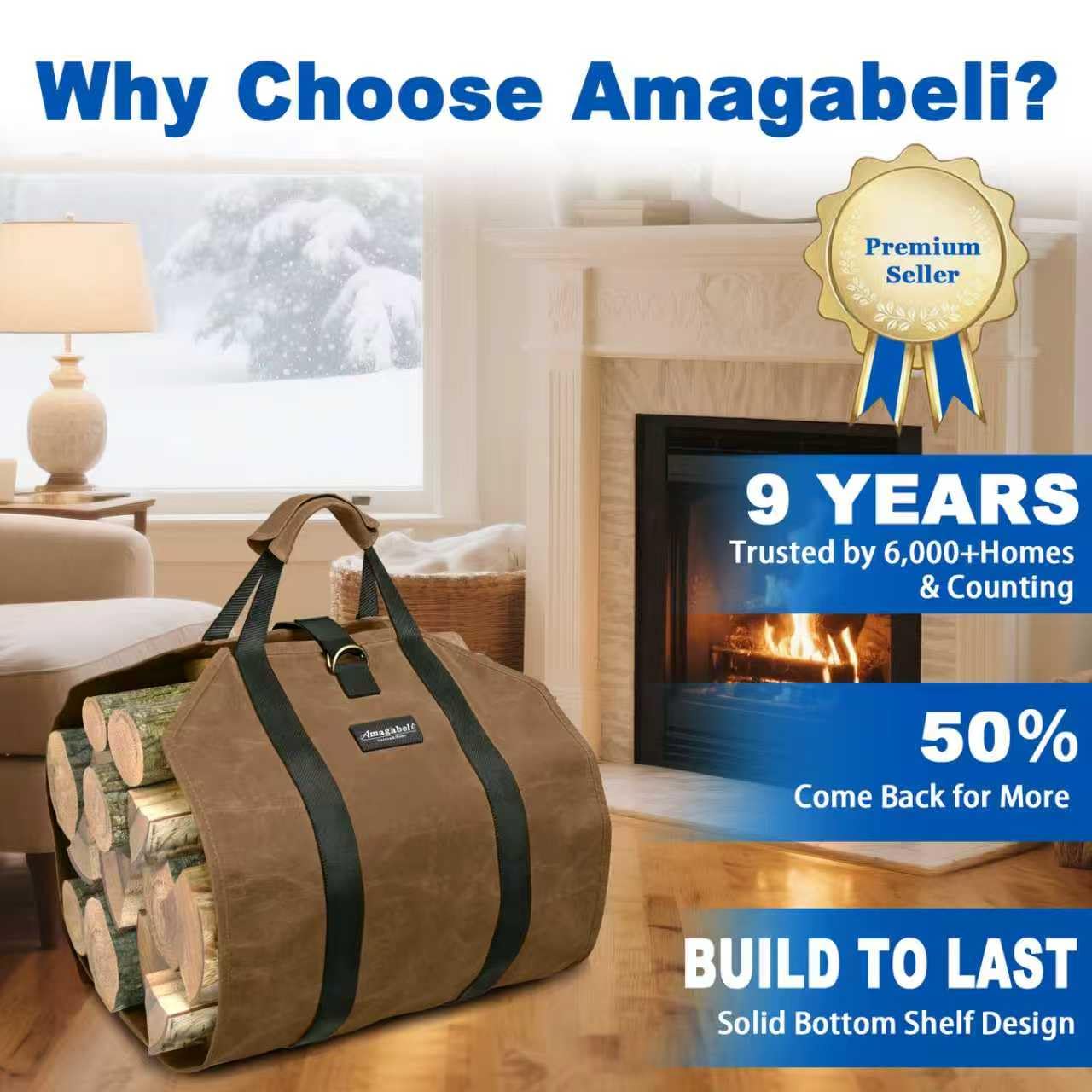 AMAGABELI GARDEN & HOME Firewood Carrier Waxed Canvas Firewood Bag Heavy Duty Large Fireplace Carrier Durable Log Tote Fire Wood Carring Bag with Handle Wood Sling Holder Cabin Stove Accessories Brown