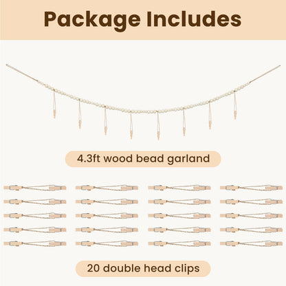 KLOGTSIND Hanging Photo Display with Clips Wall Decor, Boho Wooden Beads Garland Picture Banner, Collage Card Kids Art Holder Photo String with 28 Clips for Room Dorm Decor, Christmas Teen Girl Gifts