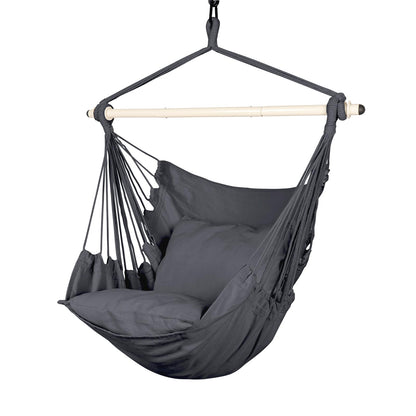 Highwild Hammock Chair Hanging Rope Swing - Max 500 Lbs - 2 Cushions Included - Steel Spreader Bar with Anti-Slip Rings - for Any Indoor or Outdoor Spaces (Grey)