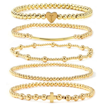 14K Gold Cross Beaded Initial Bracelet Stack for Women,Dainty Stretch Gold Plated Letter “T” Stackable Bracelets Bohemian Layered Prom Party Accessories Jewelry Gift Friendship