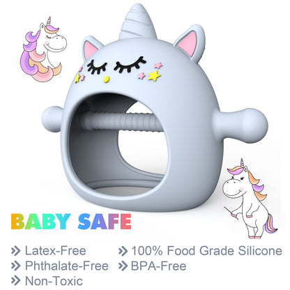 Teething Toys for Babies 0-6 Months, Tinabless Unicorn Never Drop Silicone Teether for Babies 6-12 Months, Hand Pacifier for Breast Feeding Baby, Baby Chew Toys Freezer Safe for Newborn, Blue
