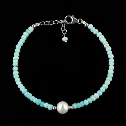 CRYSTALIS Natural Peruvian Opal Beads Adjustable Bracelet with Elegant Pearl, High Grade Gemstones, Chakra Healing Stones, Gift Giving Jewelry, 925 Sterling Silver Womens Bracelet 8 inch