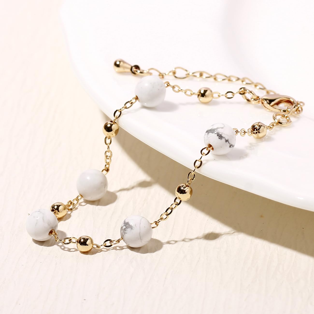 Xfoxstal 14K Gold Plated Chain Bracelets for Women Crystals and Stones Bracelets Jewelry Adjustable (Howlite)