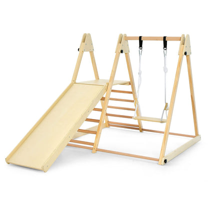 OLAKIDS Indoor Jungle Gym 4 in 1 Foldable Toddler Wooden Montessori Baby Climbing Toys with Swing Slide Ramp Ladder for Kids Playground Climb Activity Play Structure