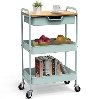 Aratan 3 Tier Rolling Cart, Utility Cart with Drawer and Table Top, Metal Rolling Kitchen Storage Organizer Cart with Handle and Locking Wheels for Bathroom Office Balcony Living Room