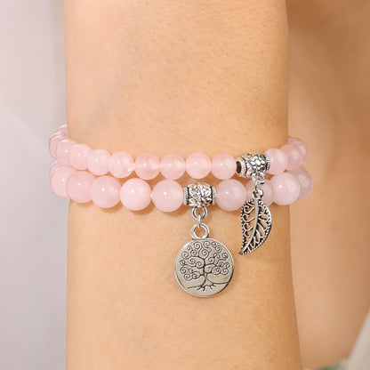Rose Quartz Bracelets for Women Pink Quartz Natural Stone Crystal Bracelet Gemstone Beaded Bracelet Boho Tree of Life and Leaf Charm Bracelet Rose Quartz Jewelry for Women