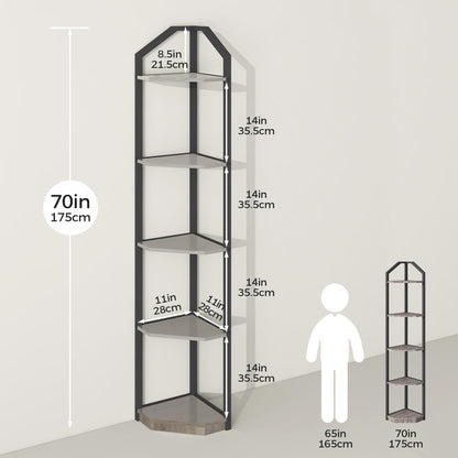 Fun Memories 5 Tier Corner Shelf, 70” Corner Shelf Stand, Corner Bookshelf Plant Stand, Storage Shelf for Bathroom, Living Room, Kitchen,Grey Home Office, Grey