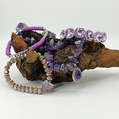 Yomisa Boho Beaded Bracelets for Women,Multilayer Wrap 5PCS Healing Natural Amethyst Stone Bead Bracelets Handmade Stackable Friendship Stretchy Beaded Bracelet Set Trendy Bohemian Jewelry Gift Women