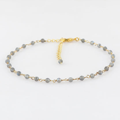 JOR Natural Labradorite Beaded Rosary Anklet, Handmade Craft, Anklet Beads Bracelet, Chakra Healing Anklet, Gemstone Women Jewelry, Hypoallergenic Gold Plated Anklet 9 inch + 2 inch (1pcs)