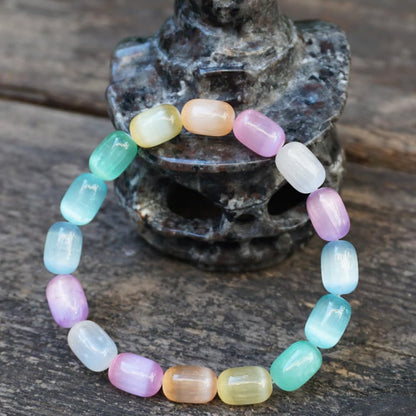TaHLga Natural Rainbow Selenite Crystal Bracelet for Women Men | Large Plated 8x12mm Cylinder Beads | Authentic Stone with Leather Pouch, Gift Box & Repair Kit | Fits 7.5 inch Wrist