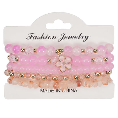 LOTSOF Boho Flower Beaded Bracelet Set for Women - Multilayer Crystal & Flower Charm Stackable Bracelets, Fashion Jewelry Gift for Her (Pink)