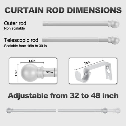 Authandis Silver Curtain Rods for Windows with Brackets,5/8 Inch Diameter Small Window Curtain Rod Adjustable 32 to 48 Inches,Easy Install Drapery Rods,Gray