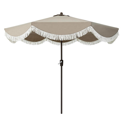 Tempera 9ft Auto Tilt Scalloped Patio Umbrellas with Fringe, Outdoor Table Umbrellas with Fade Resistant Canopy, 8 Sturdy Rids, Luxurious Vintage Umbrellas for Lawn, Pool, Deck, Balcony