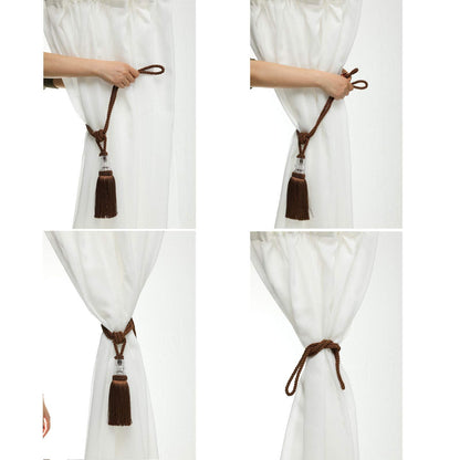 Fenghuangwu Tassel Curtain Tiebacks Handmade Curtain Tie Backs, Elegant Crystal Curtain Holdbacks for Home Office Decor (Coffee, 2P)