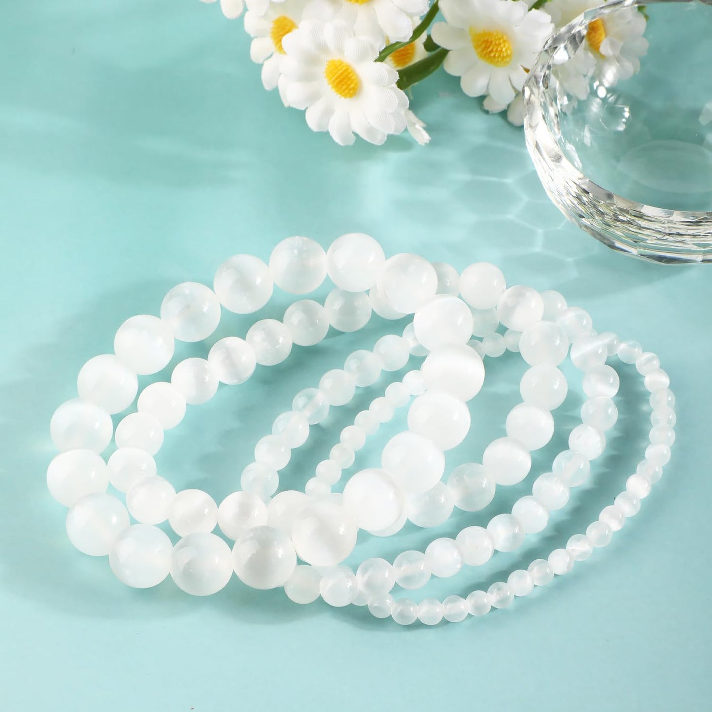 AD Beads 4mm Handmade Selenite crystal Elastic Bracelet – Natural Gemstone for Inspire treatments of body – Meditation, Yoga, Healing and Energy Gift for Men Women