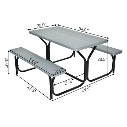 Hysache Picnic Table Bench Set, Patio All Weather Metal Base Camping Table Set w/Wood Texture Tabletop, Steel Frame, Large Camping Picnic Tables for Backyard Poolside Garden Patio Lawn (Grey)