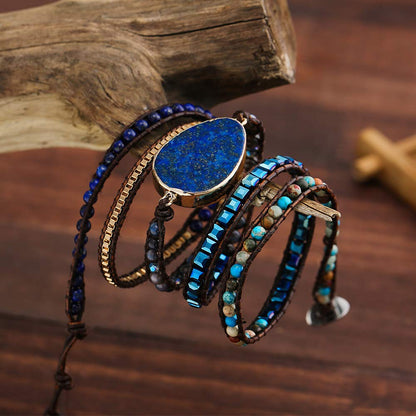 Plumiss Boho Bracelets Handmade Lapis Lazuli Stone Beaded Leather 5 Wrap Bracelet for Women Men Gift