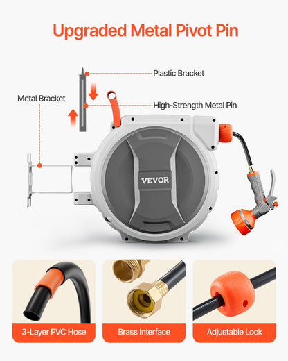 VEVOR Retractable Garden Hose Reel, 5/8 Inch x 100 ft Wall Mounted Hose Reel, Heavy Duty Garden Hose Reel with 9 Patterns Nozzle, Any Length Lock, Upgraded Slow Return System and 180°Swivel Bracket