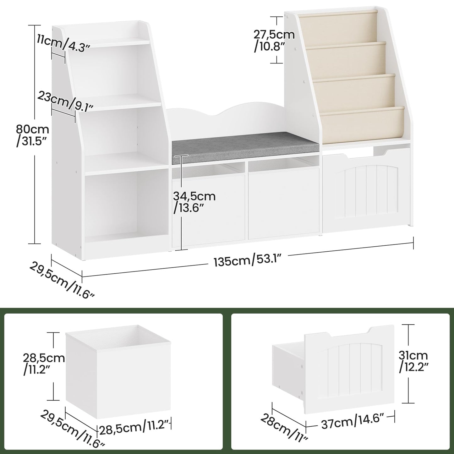 CHOEZON 53.1" Kids Bookshelf with Reading Nook, 4-in-1 Children's Bookcase with Soft Bench, Mobile Drawer & Fabric Bins, Storage Shelves, Bookshelf for Kids, White MCW18WB