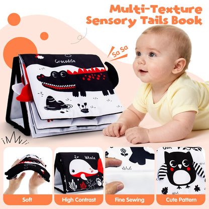 Yohome Black and White Baby Books for Newborn, Tummy Time Mirror, Baby Mirror Infant Toys with Soft Cloth Book, High Contrast Baby Toys, 3D Activity Crinkle Pages Sensory Tummy Time Toys for Babies