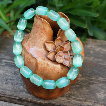 TaHLga Natural Selenite Crystal Bracelet for Women Men | 8x12mm Green Plated Cylinder Beads | Authentic Stone with Leather Pouch, Gift Box & Repair Kit | Fits 7.5 inch Wrist