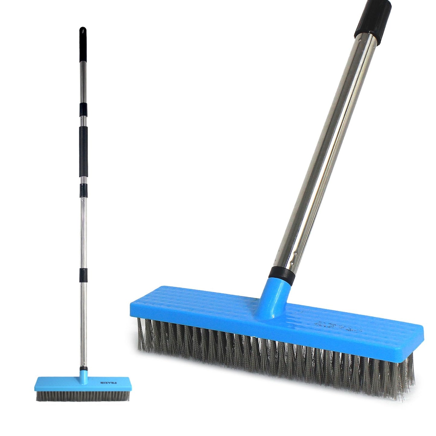 FRAXIR Stainless Steel Wire Broom Deck Scrubber Brush with 55” Adjustable Length Sturdy Long Handle, Stainless Steel Outdoor Broom for Cleaning Moss Concrete Floors Grout Gardens Patios