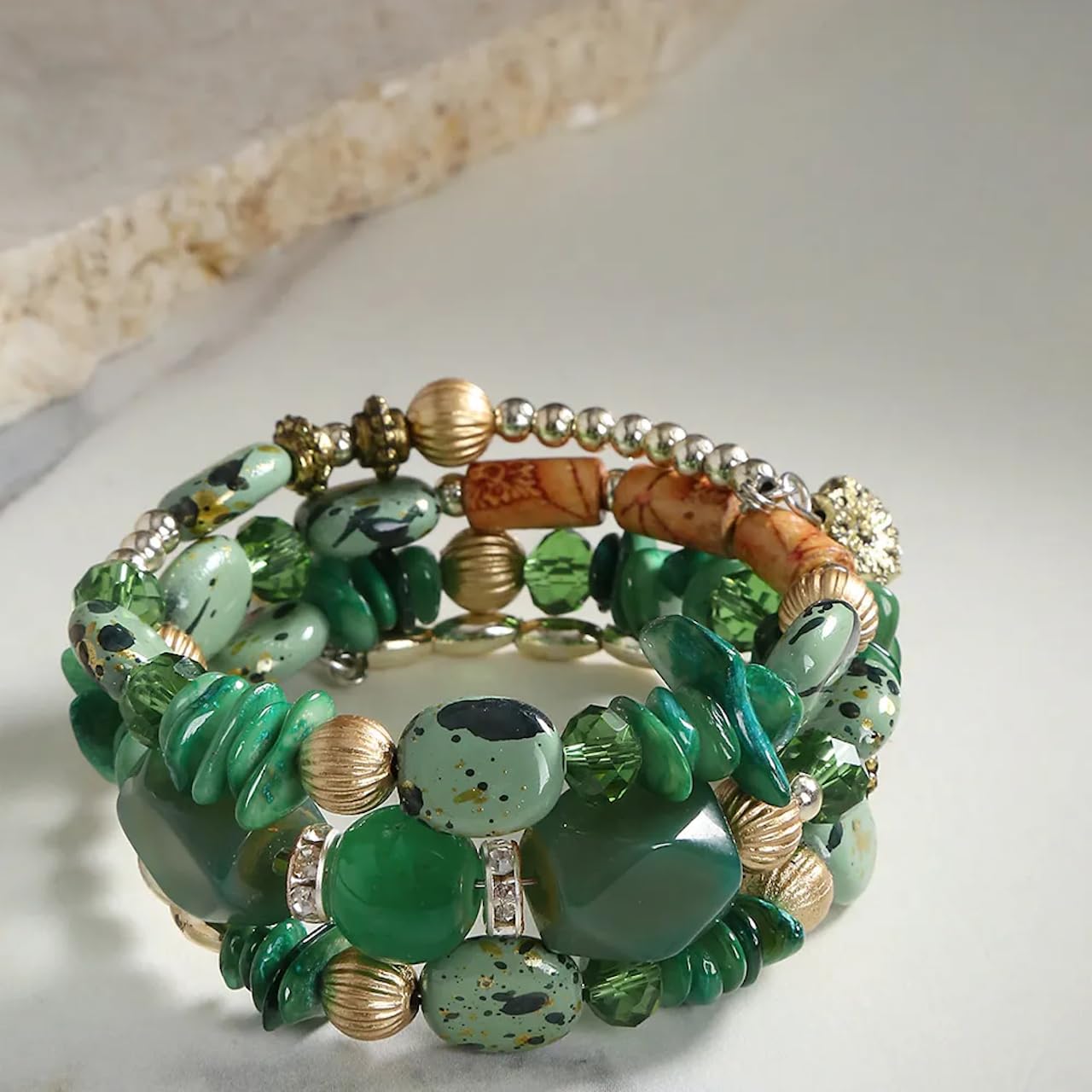 Jewellify Women Retro Crushed Natural Stone Bracelet Multi-Layer Winding Shell Beaded Bracelets (Green)