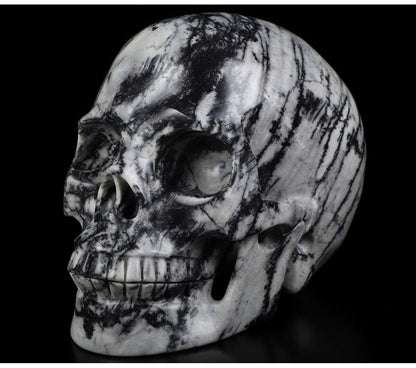 Skullis 5.0" Black Picasso Crystal Skull, Hand Carved Gemstone Fine Art Sculpture, Reiki Healing Stone Statue.