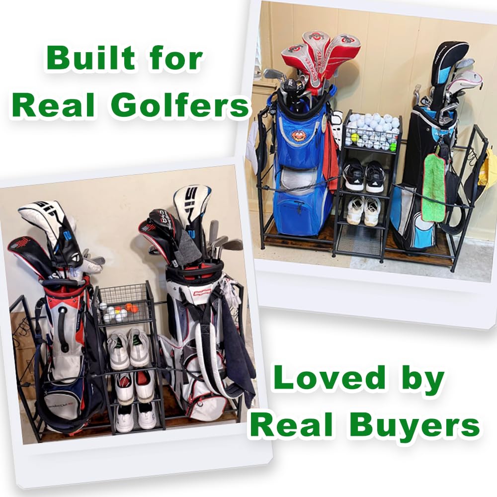 Jsskeeim Golf Bag Storage Organizer for Garage Organization, Golf Bag Stand for Golf Bag Accessories, Spacious Golf Rack for Golf Clubs & Golf Essentials, Ideal Golf Gifts for Men (Fits 2 Golf Bags)