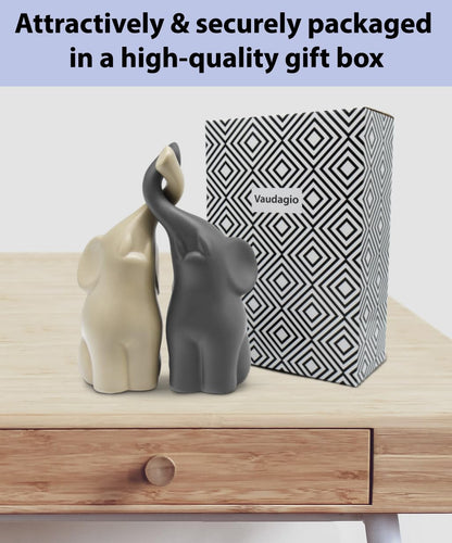 Vaudagio Loving Pair of Elephants in Beige & Grey - Modern Ceramic Sculpture - Figurine as a Set - Decoration Figure 6.3" high - Ornament Elephant in Love
