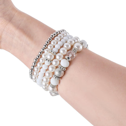 5 Pcs Beaded Stretch Bracelets White Stackable Bracelets Crystal Bead Bracelet Boho Beaded Bracelets Stretch Layering Crystal Stone Beaded Bracelets Trendy Costume Jewelry Gifts for Women