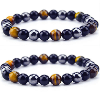WEFRIN Triple Protection Bracelet for Bring Luck and Prosperity Hematite Black Obsidian Tiger Eye Stone Bracelets for Men Women, Beaded Buddha Rope Uni Bracelet (2pcs) (F)