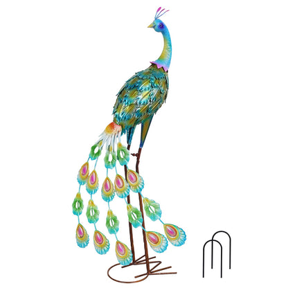 YEAHOME Garden Decor Outdoor Statues, 34" Large Metal Peacock Standing Yard Art, Blue Green Bird Lawn Sculptures Garden Decor for Outside Patio Porch Backyard