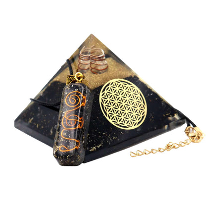 Real Crystal Black Tourmaline Orgonite Pyramid W/Flower of Life Healing Crystal Pendant, Pyramid Crystal Gemstone Pyramid for Meditation, Motivation, Positivity - Handmade in India