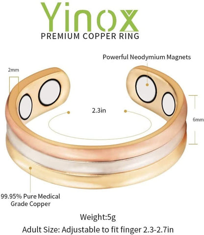YINOX (CPB-0945SRG CPR-0013) Tri Tone Magnetic Copper Bracelet Ring Set for Arthritis for Women Health Jewelry