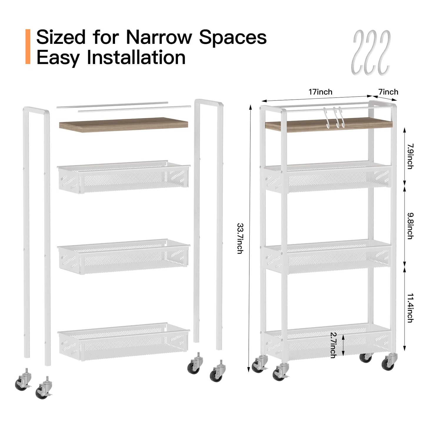 DGSNADGO Slim Rolling Storage Cart, 4-Tier Kitchen Cart on Wheels, Narrow Utility Cart with Handle and Wooden Tabletop for Small Space in Kitchen, Living Room, Bathroom, Laundry Room, Beige and White
