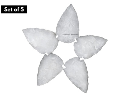 Amazing Gemstone 5 Pieces Snow Quartz Arrowhead, Crystal and Healing Stone Flint Rock Arrow Head - 1 to 1.5 Arrowheads for DIY Project Craft Point Jewelry Making