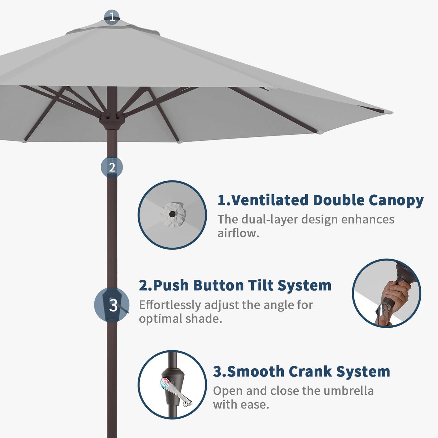 Patio Kingdom 10FT Patio Umbrella Outdoor Market Umbrella with Crank and Tilt, 8 Flexible Fiberglass Ribs, UV-Resistant Waterproof Canopy for Patio, Deck, Garden, Backyard, Light Gray