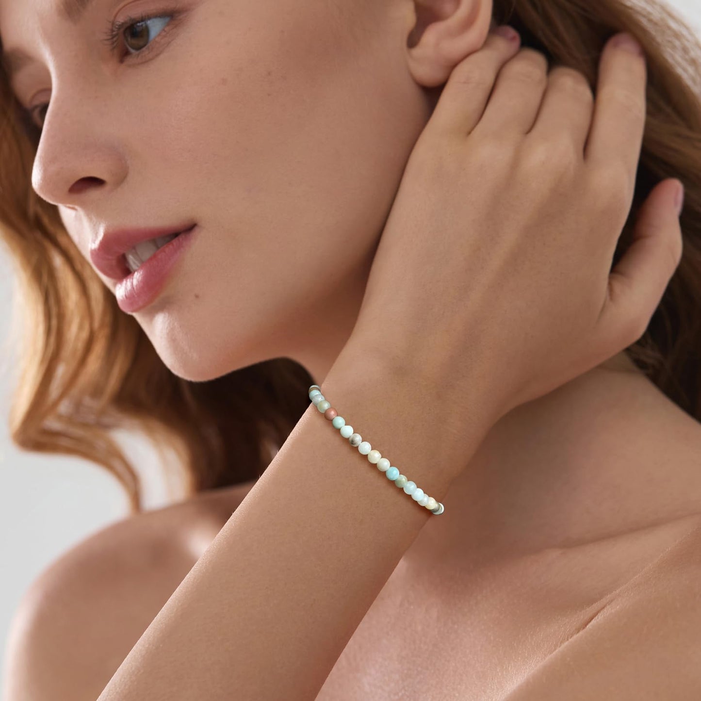Bolinailo Crystal Beaded Bracelets for Women 4mm Amazonite Bead Handmade Gemstone Stretch Elastic Bracelet Natural Stone Crystal Healing Reiki Spiritual Jewelry Gifts