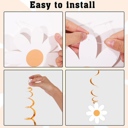 60pcs Daisy Flower Hanging Swirls White Daisy Garland Banners Foil Ceiling Hanging Decor Flower Cutouts Party Supplies for Boho Hippie Groovy Retro Birthday Baby Shower Spring Party Decorations Favor