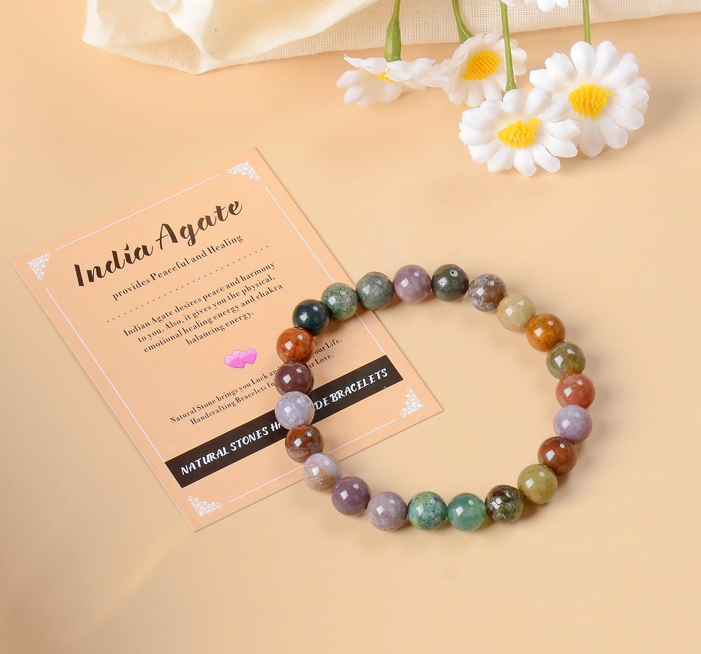 AD Beads Handmade Gemstone Stretch Elastic Bracelet Crystal Healing Reiki Nature's Beauty and Spiritual Essence Unisex (12mm, Indian Agate)