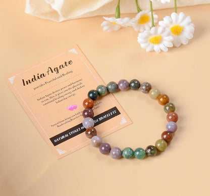 AD Beads Handmade Gemstone Stretch Elastic Bracelet Crystal Healing Reiki Nature's Beauty and Spiritual Essence Unisex (12mm, Indian Agate)