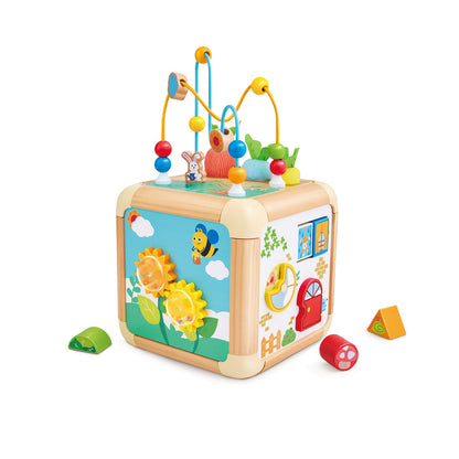 Hape Green Thumbs 6-in-1 Wooden Activity Cube for Toddlers - Nature-Themed Educational Toy with Bead Maze, Shape Sorter & Sensory Carrots - Montessori Learning Gift for Baby Boys & Girls