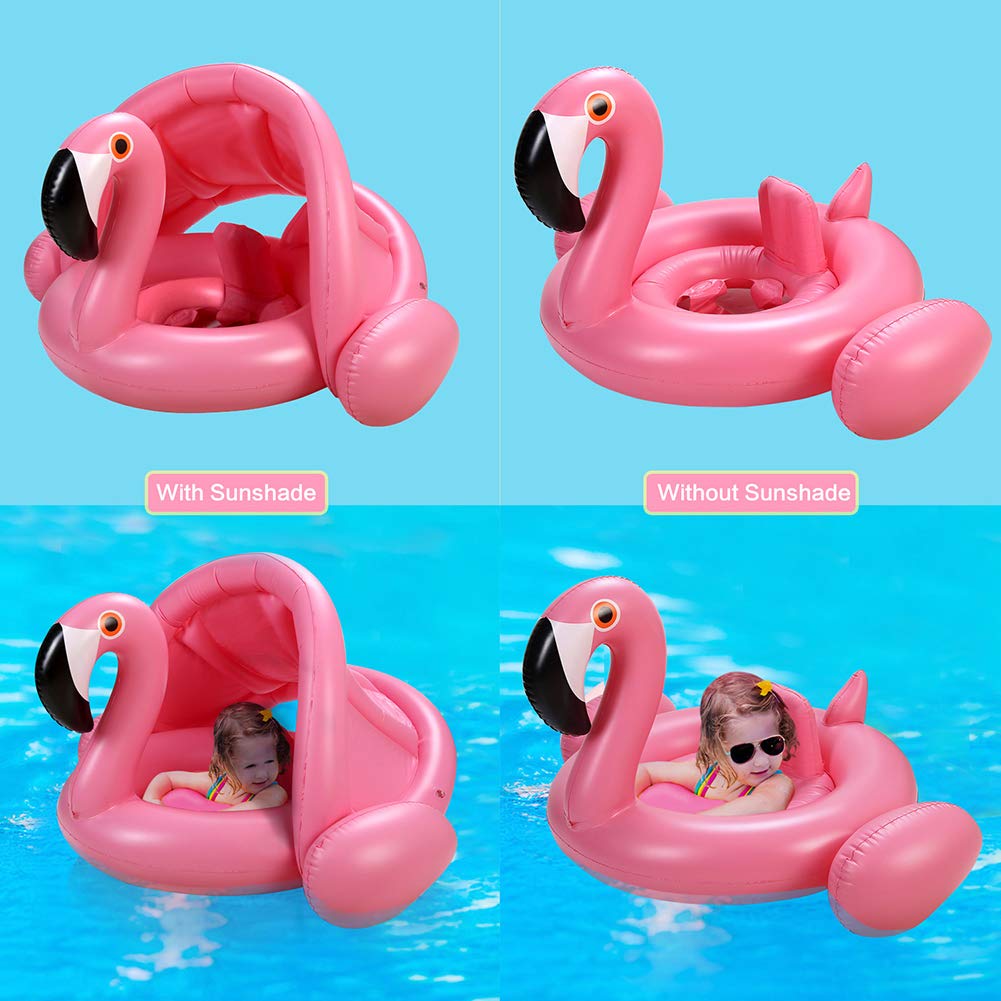Baby Pool Float with Canopy,Flamingo Inflatable Swimming Ring,Infant Pool Floaties Sunshade Toys for Baby Girls Boys Toddlers Pink