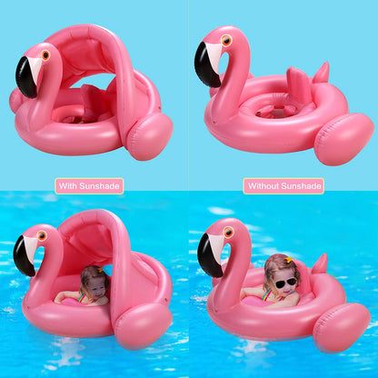 Baby Pool Float with Canopy,Flamingo Inflatable Swimming Ring,Infant Pool Floaties Sunshade Toys for Baby Girls Boys Toddlers Pink