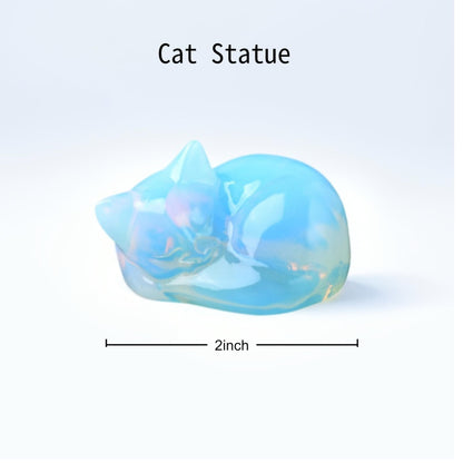 RUIJINGYUAN Opal Cat Statue - 2 Inch Hand Carved Healing Crystal Figurine, Sleeping Cat Stone Sculpture for Desk Decor, Office Home Gift for Cat Lovers