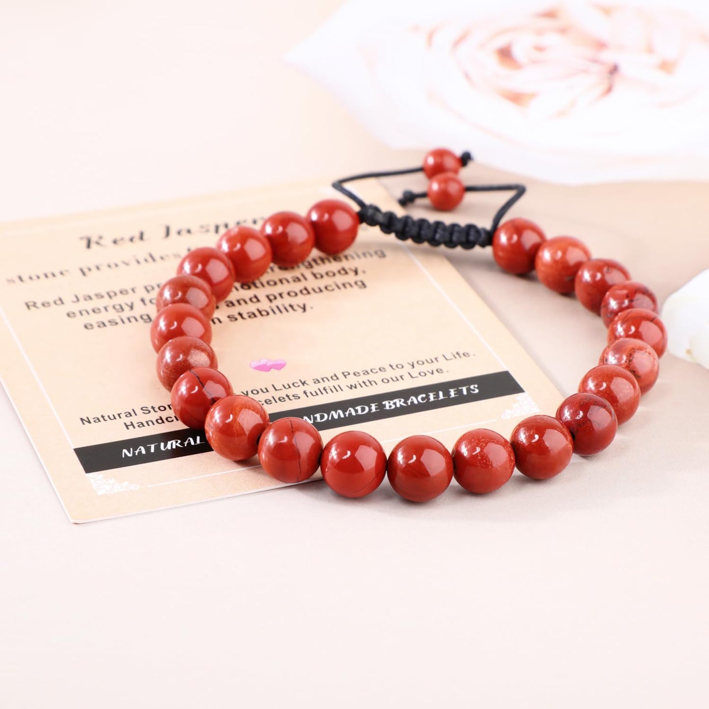 AD Beads 8mm Red Jasper - Stone Pepvodes Calming Effects - Handmade Natural Stone Crystal Bracelet with Adjustable Macrame String - Yoga Healing Power Energy Gifts for Men and Women