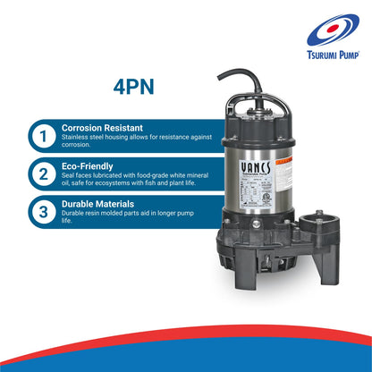 Tsurumi Pump 4-PN | Submersible Pond Pump/Waterfall Pump | 1/2 HP, 115V, 2 in Discharge | Ideal Water Feature Pump for Ponds, Fountains, Waterfalls | 80 GPM / 4800GPH