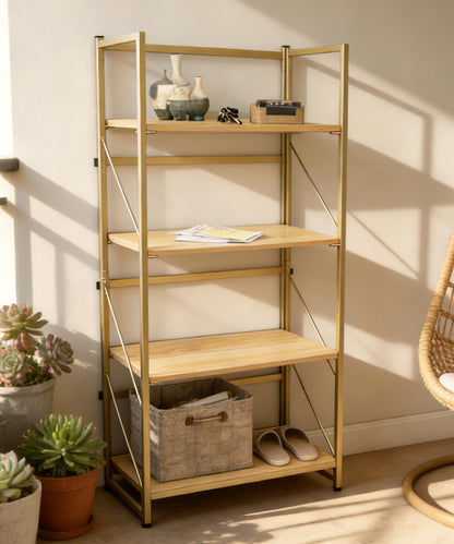 BIASUNS Folding Bookshelf,Multifunctional Foldable Plant Stand Storage Rack Shelves for Home Office, Easy Assembly, 4-Tier,Gold & Nature Wood