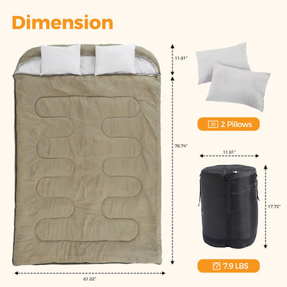 NEWBULIG Double Sleeping Bag for Adults with 2 Pillows, XL Waterproof Lightweight Machine Washable Sleep Bag Cold Weather, 3-Season for Camping/Hiking/Backpacking, 2-in-1 Converts to 2 Singles